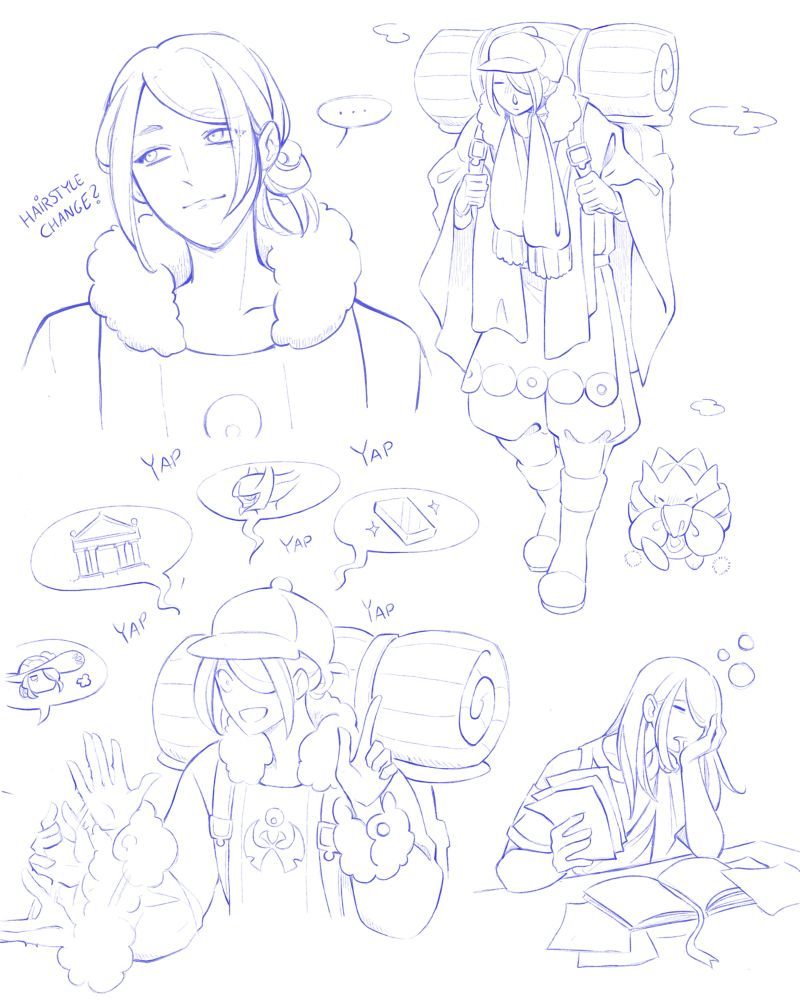 Four sketches of the character Volo from Pokemon Legends Arceus. First has him with a side bun and both eyes showing, second he's layered up in a scarf and blanket walking outside, his togepi walking beside him with a scarf tied around it. Third he's animatedly infodumping about myths to Cogita, and third he's dozing off while inspecting a stack of papers.