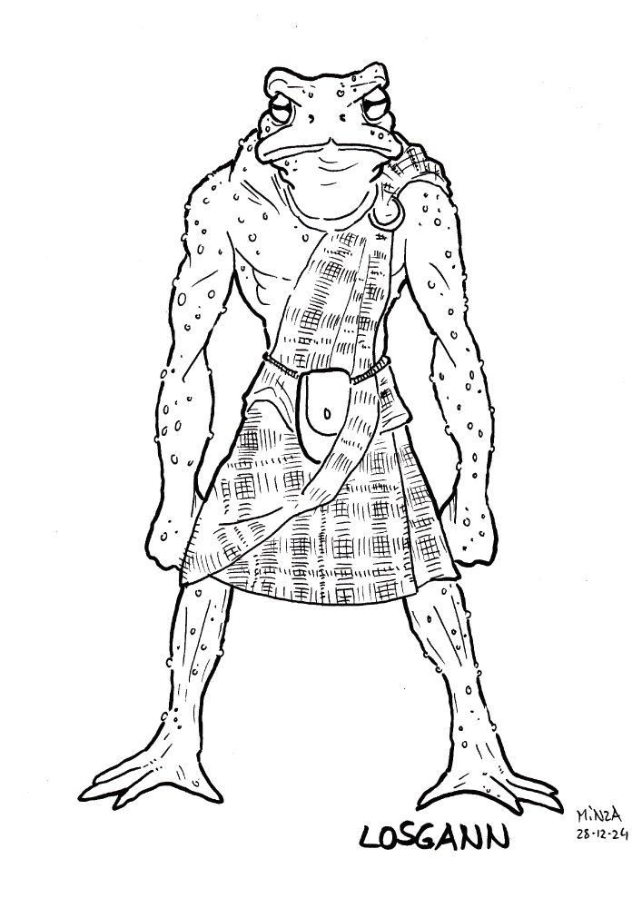 a humanoid toad standing muscular and ready to fight with lowered arms and wide set feet... he's only dressed in a kilt and stares at the viewer intensly