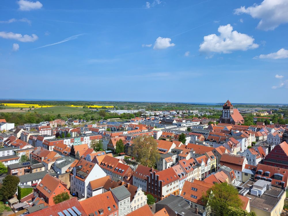 View from cathedral tower, old town, St Mary's, blooming fields, sea, blue sky