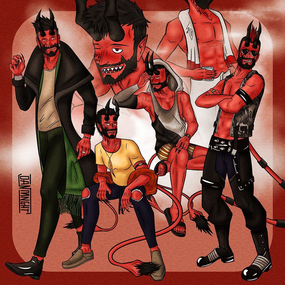 🖊 - A digital illustration of my original TTRPG character, Skaramors Okholm, drawn 6 times. He's a tiefling, a half-demon species, with redish skin, red eyes, black hair, and a full beard. He also has black horns protuding from his forehead, clawed hands with black nails, and a long tail with a diamond-shaped tip and a tuft of black fur at its end.

In the foreground, he is shown wearing four different outfits:
(1) A dark gray overcoat paired with a green scarf, olive-green pants, and simple dress shoes. He also has a silver bracelet and ring on his left hand, a silver watch on his right wrist, and a silver hoop earring in his left ear.
(2) A casual look featuring a light yellow t-shirt, blue jeans with ripped knees, beige moccasins, a feathered necklace, and an open orange shirt draped over his arms.
(3) An athletic outfit consisting of a black and white hooded tank top, a gray arm sleeve, striped orange and yellow shorts, and black slide sandals. He is wearing earbuds, and his clothes appear damp with sweat.
(4) A punk-inspired attire with combat boots, black leather chaps over navy-blue jeans, spiked belts, and an open camo vest exposing his torso. He also wears aviator sunglasses, a silver ring, a leather armband, and his hair is styled in a buzzcut with a red mohawk.

In the background, there are two additional depictions of Skaramors: a close-up of his face with his natural hair and a neck-down view of him wrapped in a white bath towel, with another draped towel over his shoulders, holding a glass of whiskey.