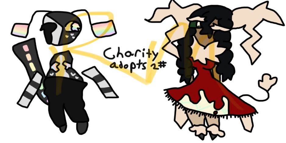An image of a digital drawing with 2 figures, with handwritten writing of “Charity adopts 2#” in the middle. The figure on the left has dark gray skin mostly, with a light gray patch of skin on one side. They also have a light gray patch on their stomach. The darker side of the face has rainbow irises and the light gray as a sclera and the gray featured in coloured freckles. The lighter side has a pure black eye that is dripping. They have pastel rainbow flag antennae, light and dark gray detached striped limbs, with trans flag coloured top surgery scars. They have black pants and freckles around their waist. Their tail is like that of a road with dashed lines, but has the same pastel rainbow colours as the dashed lines. 

The second is a darker skinned woman with tan antlers, with tan fluff around her neck and ankles. She has black braided hair, along with a dark green sclera with a light yellow iris. Her eyelashes are coloured with the same tan fluff, and she has a thin tail with a tan puff on the end. She has a mostly red dress that has a dripping effect, underneath is a yellow colour with green jagged stripes. She has darker tan leggings and pointy gray shoes. She has tan cloth draping off the back of the dress, and her hands are behind her back. She also appears abnormally skinny. The background is white, and there is a yellow semi transparent watermark saying “RM.”