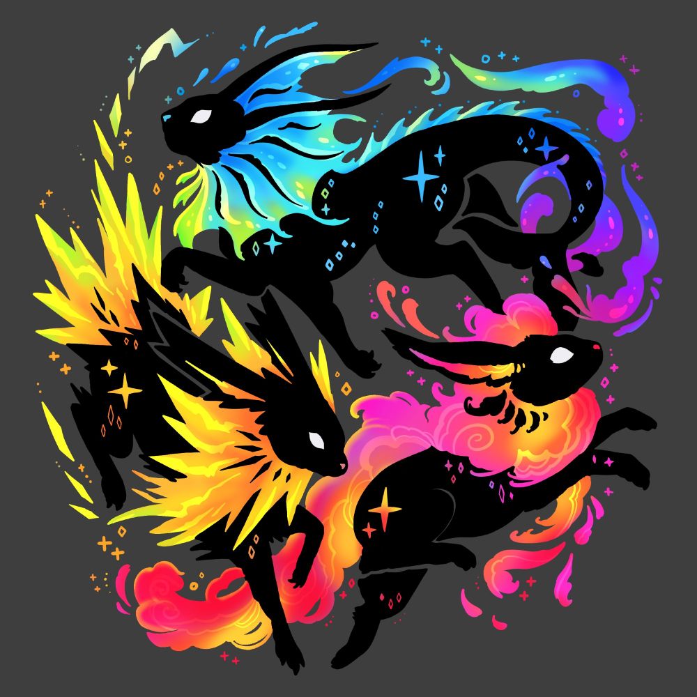 Jolteon, Vaporeon, and Flareon (eeveelutions) with a bright neon color palette