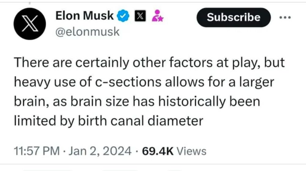 Tweet from Musk claiming c-sections result in larger brains 