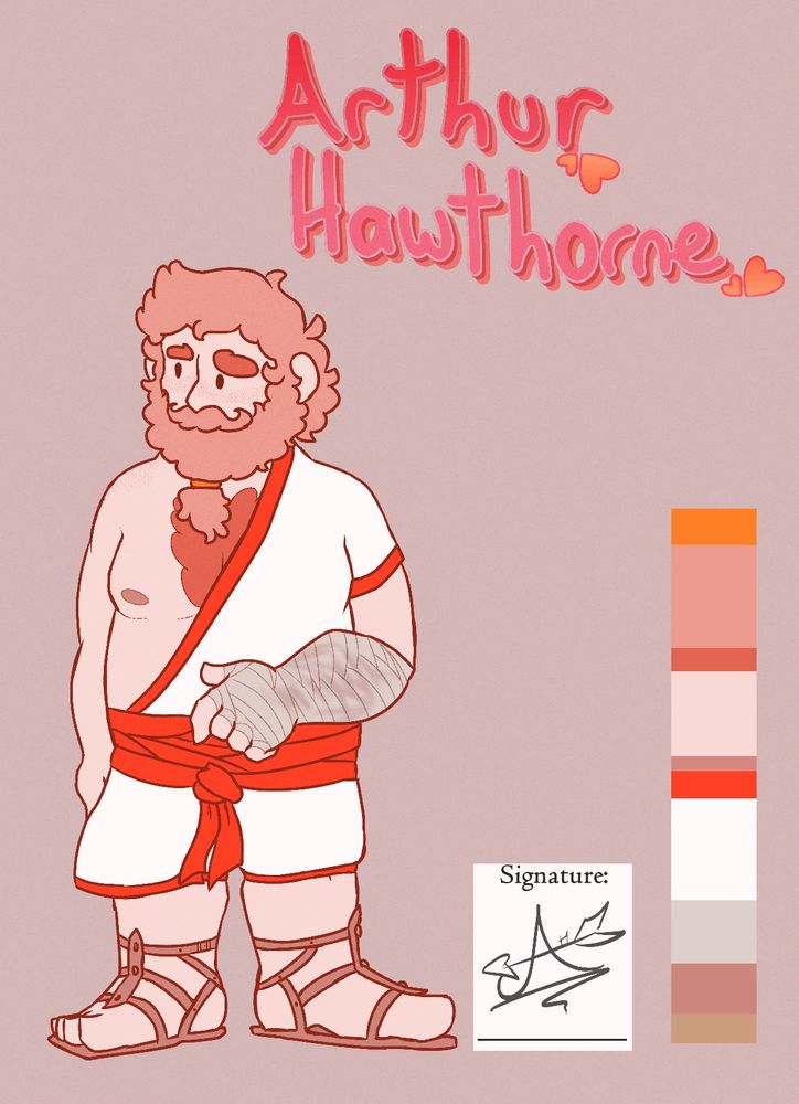A Monk Dwarf named Arthur Hawthorne, his color palette is full of soft pinks.
His hair is very fluffy and pink, and his beard is tied with a golden-orange hair tie.
He wears a short-sleeved white training gi with red borders and a red belt, although one side of the gi is missing, showing half of his chest.
He looks like a very kind person.