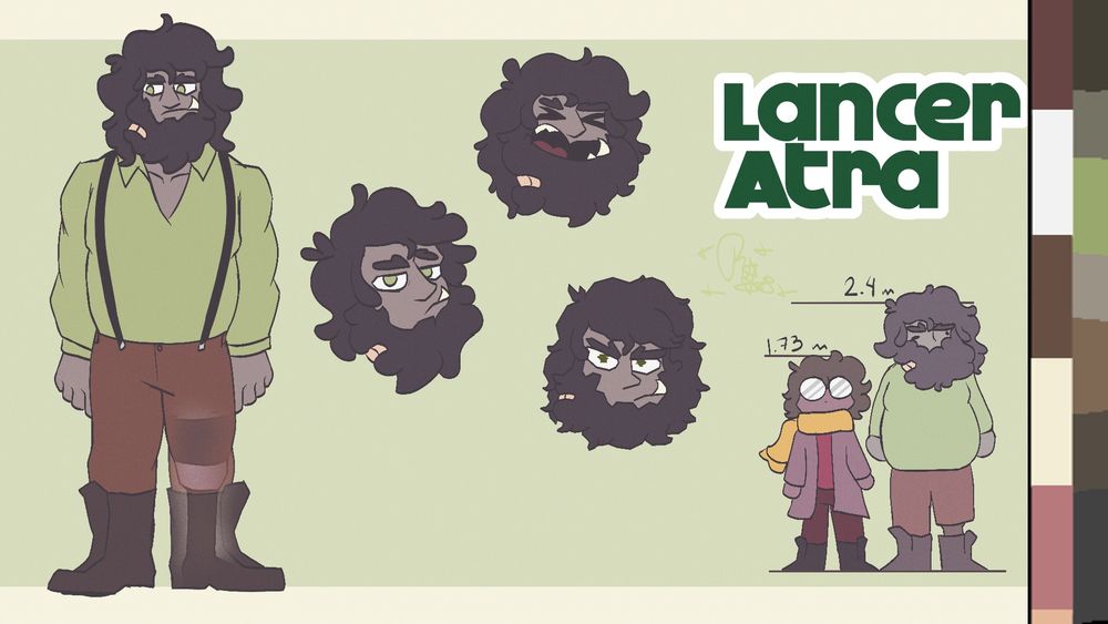 A Half-orc Barbarian named Lancer Atra, he's 2.4 meters tall and appears to have a prosthetic leg.
his skin is a very desaturated green and his hair is long and puffy, he has a notorious beard too, with a bandaid on the side.