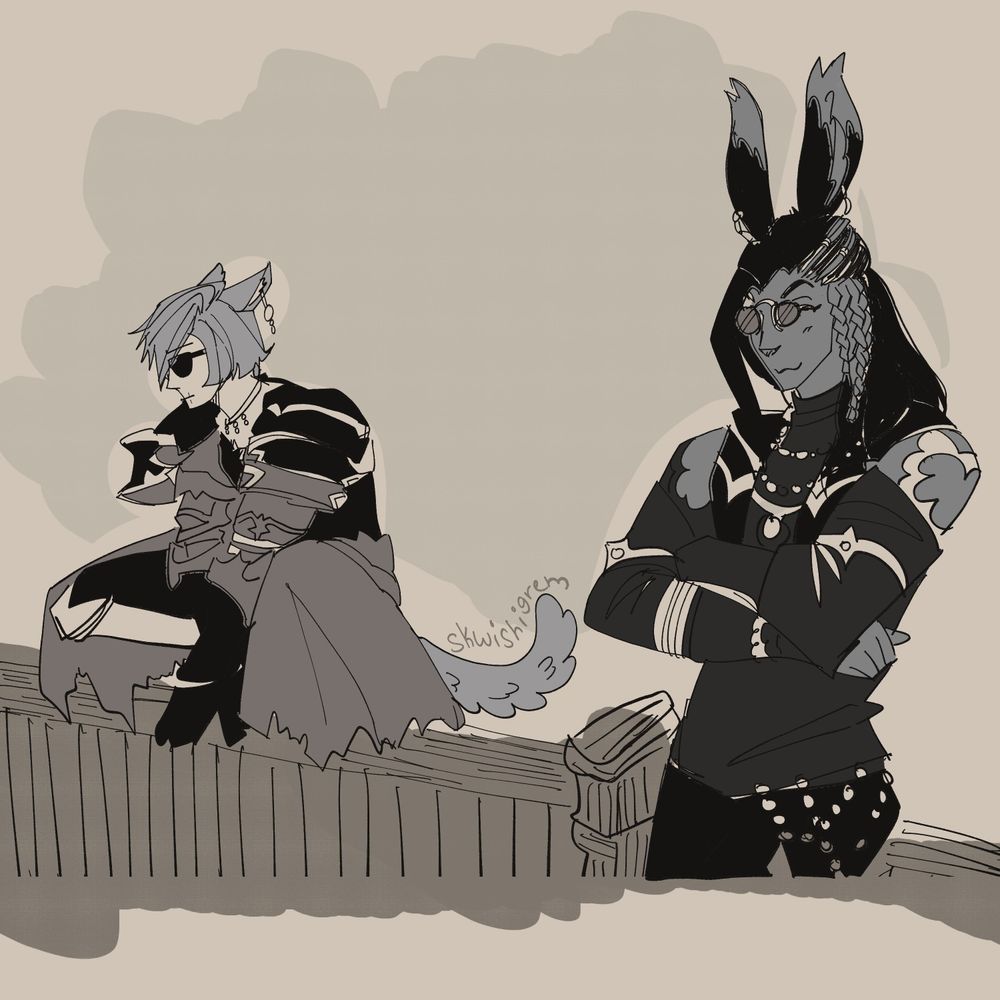 a miqote and a viera from FFXIV are hanging out by a fence in sunglasses together. the miqote is sitting on the fence and looking off to the side with a serious expression and the viera is smiling like a dork because he is one