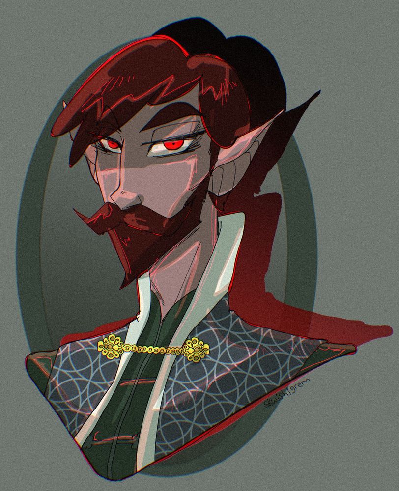 Bust of a short haired man with a distinguished beard and mustache, brilliant sharp red eyes and royal-appearing clothes. His ears are pointed and have a bat-like quality to them. He is looking at the camera as if posing for a portrait painting.