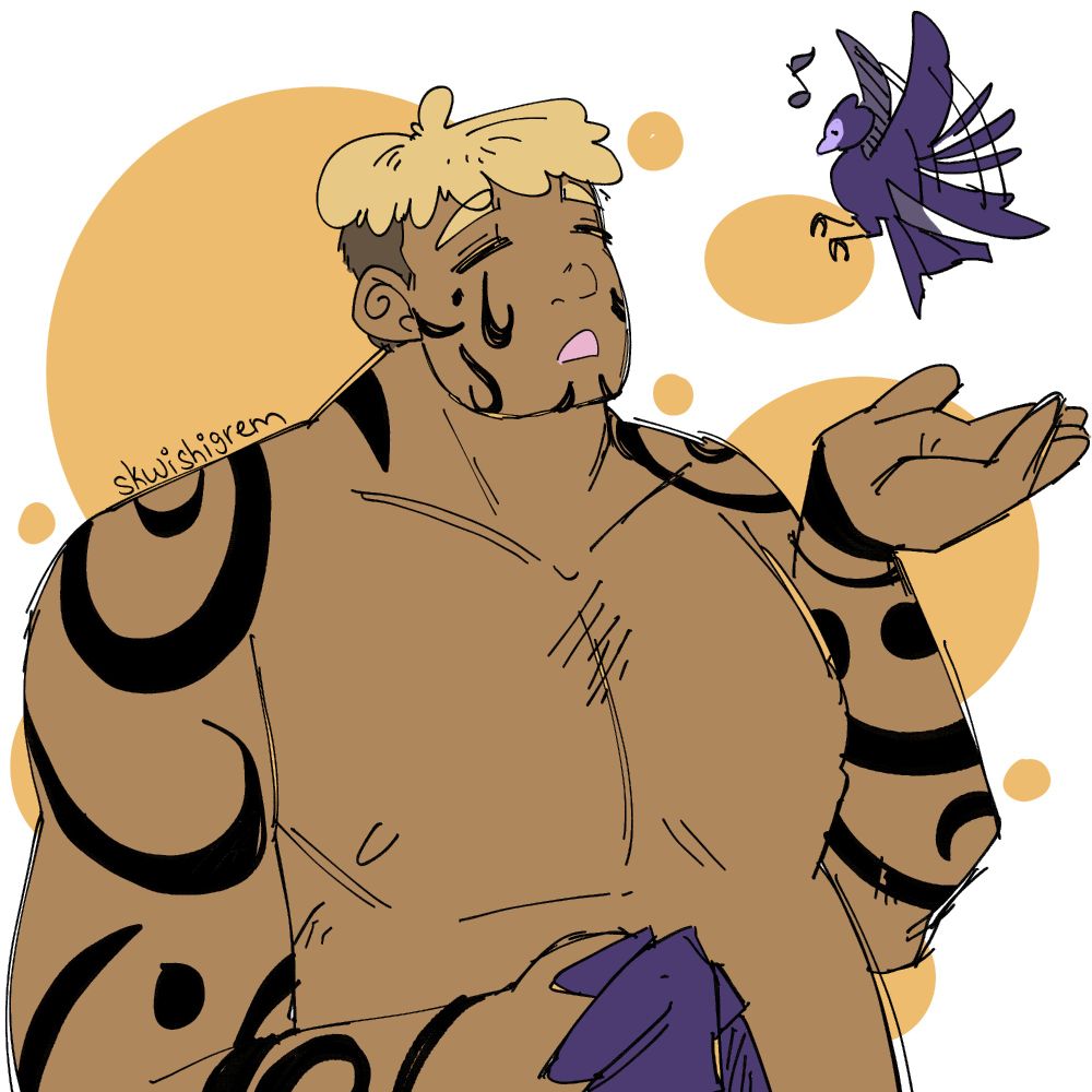A big, strong man is holding his shirt with one hand and holding his other hand out while a blue bird flutters above it. He is looking at the bird, with fox eyes and mouth open in awe. 
He has tan skin that is covered in swirly black tattoos about the neck and down the arms. His hair is a mop cut that's straw blonde on the top, and a dark brown around the sides.