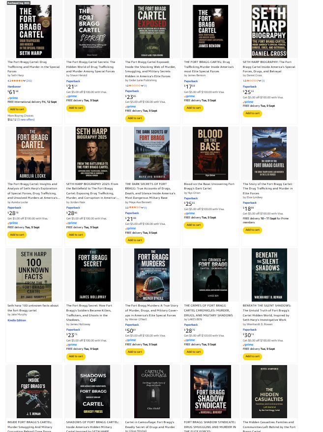 Screenshot of Amazon search results for "The Fort Bragg Cartel" showing the actual book followed by 19 fake AI-written books with titles like "The Fort Bragg Cartel Secrets" and "The Story of the Fort Bragg Cartel".