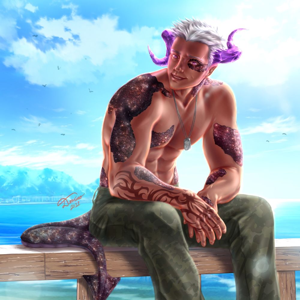 Shirtless barbarian man with starry draconic patches of scales, amethyst gem-like horns growing in opposite directions, wearing military pants and dog tags, sitting on a pier rail.