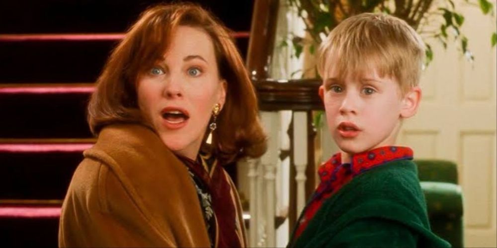 Photo from Home Alone, showing Kevin and his mum right after she's back home, when they see the rest of their family joining them.