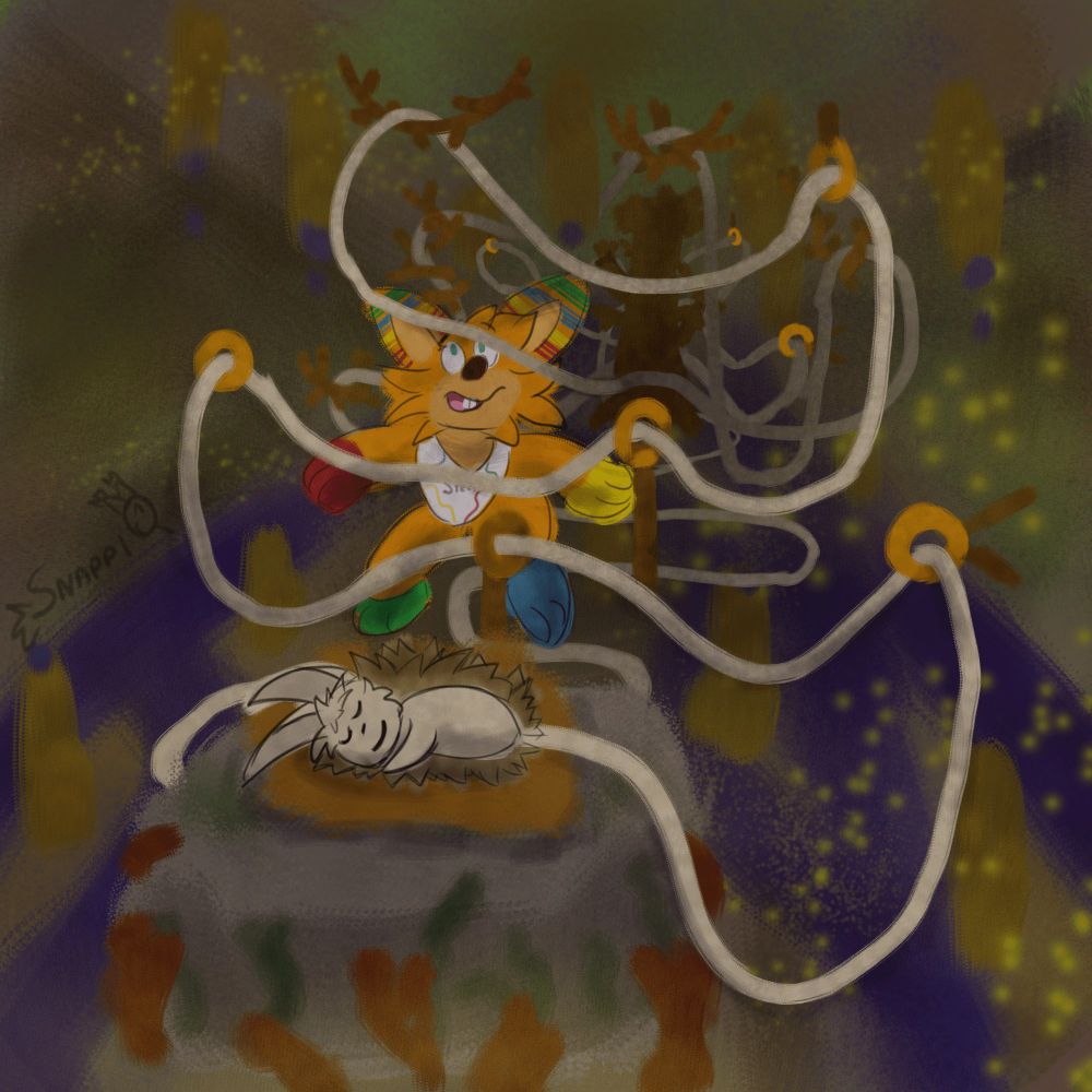 Doodzie in a cave, carefully walking around the long tail of Fuzz