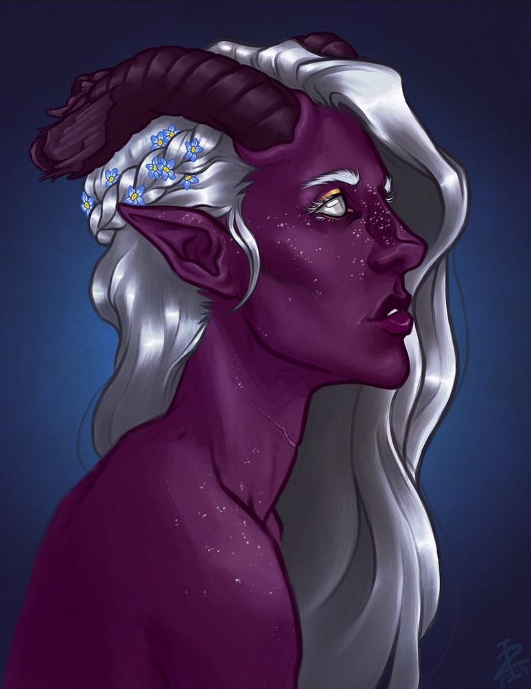 a dark purple tiefling who looks up to the sky. she has silver hair and freckles. art by @2impostors.bsky.social