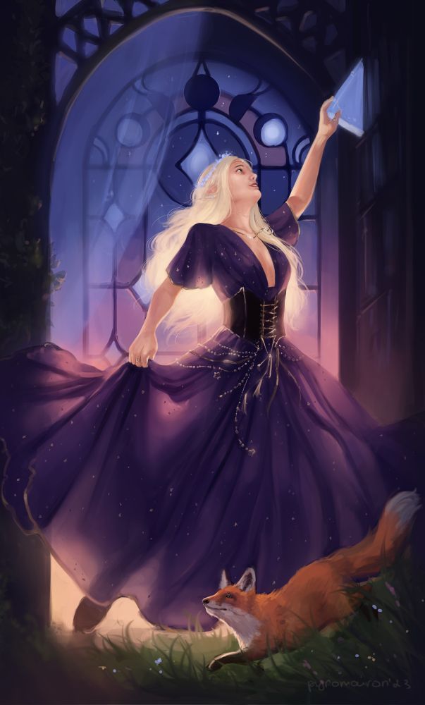 a white half elf with blonde hair. she wears a purple dress and is pulling a book from a bookshelf. her pet fox is in front of her. art by @pyromarion.bsky.social