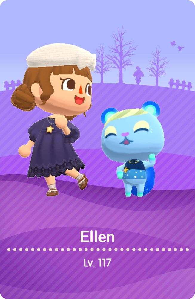 screenshot of my camper cards. my avatar is wearing a purple dress and a star necklace. i have ione, a blue squirrel with a starry design, as my buddy. the background of the card is purple.