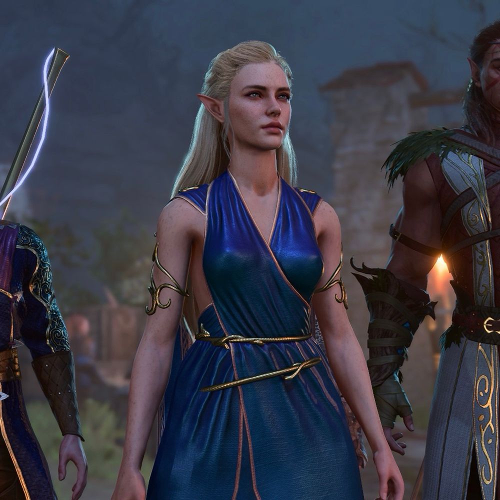 screenshot of baldur’s gate 3. leyla is a white half-elven woman, with long blonde hair that is braided back. she wears a sleeveless dress, that is a blue-purple shimmer and has gold details.