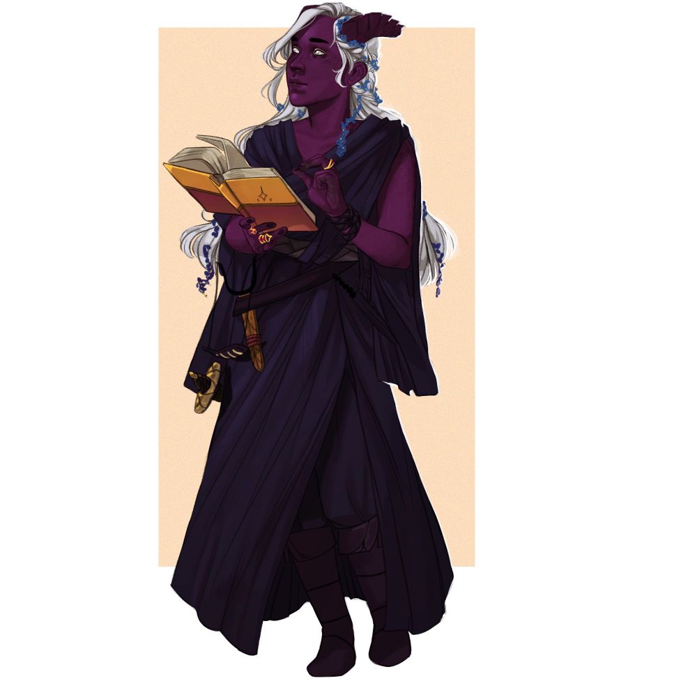 dark purple tiefling with silver hair. she is holding a book she’s writing in, while looking up in thought. she wears a dark blue dress. art by @hazeiwood on twitter.