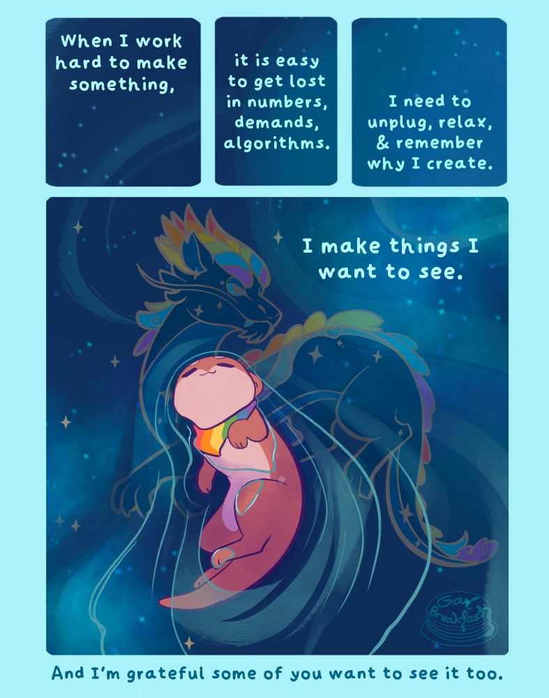 “When I work hard to make something, it is easy to get lost in numbers demands algorithms. I need to unplug relax and remember why I create. I make things I want to see. And I’m grateful some if you want to see it too. “. The chill otter is swimming serenely and stargazing. The Draco constellation is reflected in the water.