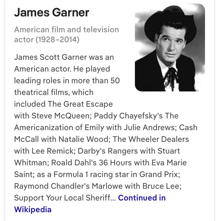 Screenshot from James Garner Wikipedia entry, including photo of young Garner as Bret Maverick in upper right hand corner.
