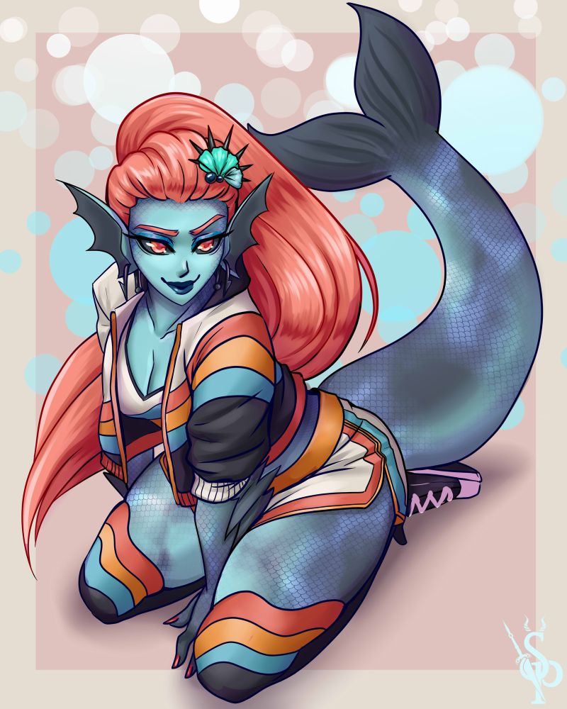 Digital artwork of a salmon-girl character with salmon colored hair and eyes. Her skin is a turquoise and dark gray color accented by reflective scales. She is kneeling on the ground in a cute pose. Artwork by SamPleSized. Character belongs to ShivaSenpai. 