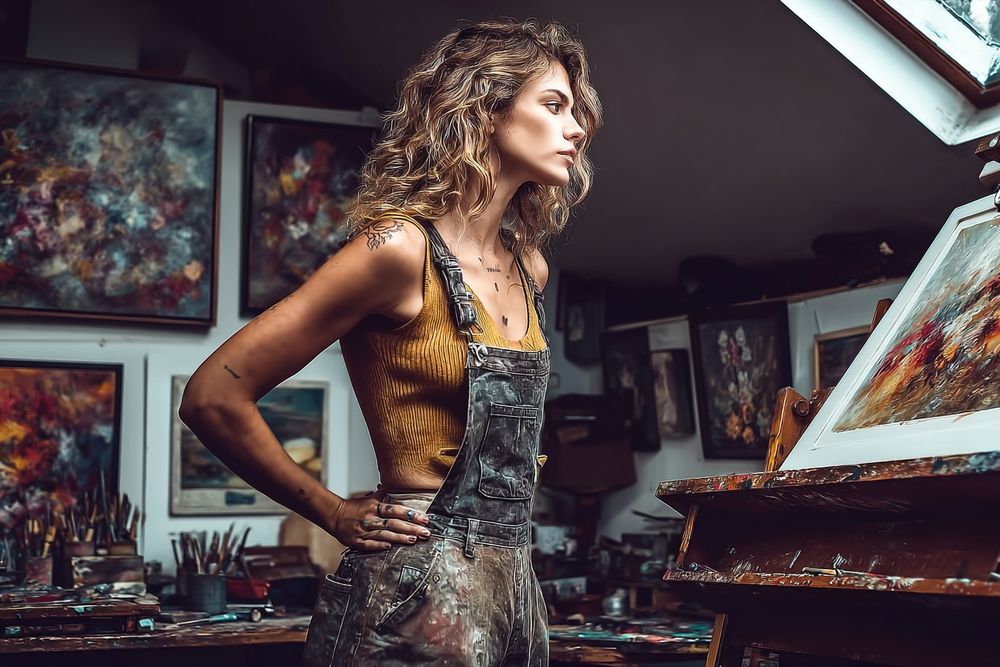 from behind, angle view, a woman wearing paint-stained bib overalls stands in front of a blank canvas on a large easel, she is contemplating her next artwork, her studio with a skylight is hung with her other abstract paintings, sunny day --chaos 20 --ar 3:2 --p --stylize 300