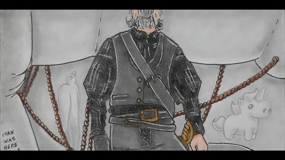 Drawing of Izzy on the deck of the ship, you can't see the top of his face and head. Behind him are sails, and a unicorn and a swallow on them. There's also writing "Ivan was here x" 