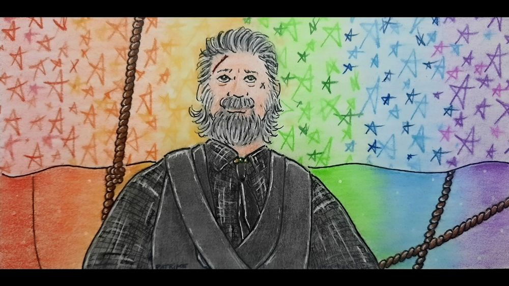 Dibujo de Izzy, cabeza y torso, detrás velas con los colores del arcoiris y estrellas