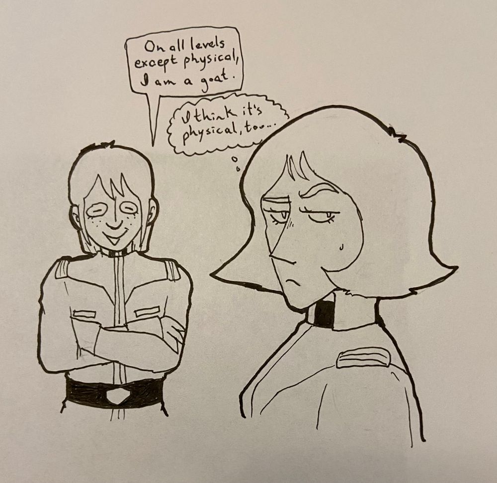 traditional art, archival ink pens. kai saying "On all levels except physical, I am a goat," while he does the weird eyes closed but still open thing he tends to do. sayla looks to the viewer and thinks "I think it's physical, too..."