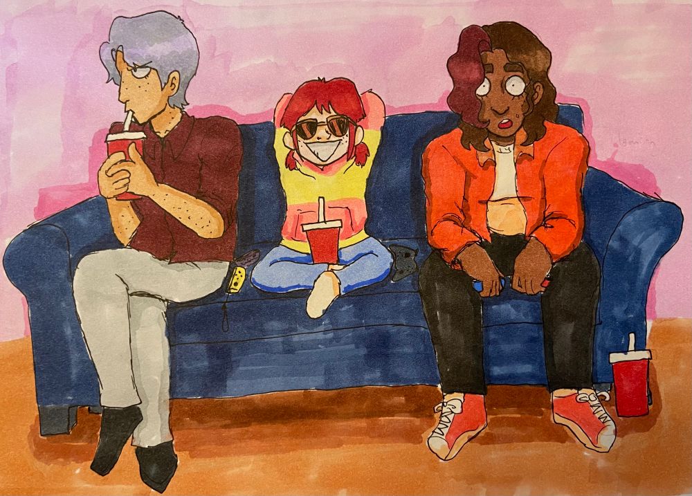 traditional art, archival ink pens and watercolor markers. kai shiden, milly ratokie, and nepo vargas sitting at a couch after presumably having played a round of a video game on the switch. nepo is shocked, kai is pissed off and drinking soda, and milly has her hands behind her head as she smiles with sunglasses on, having won the game