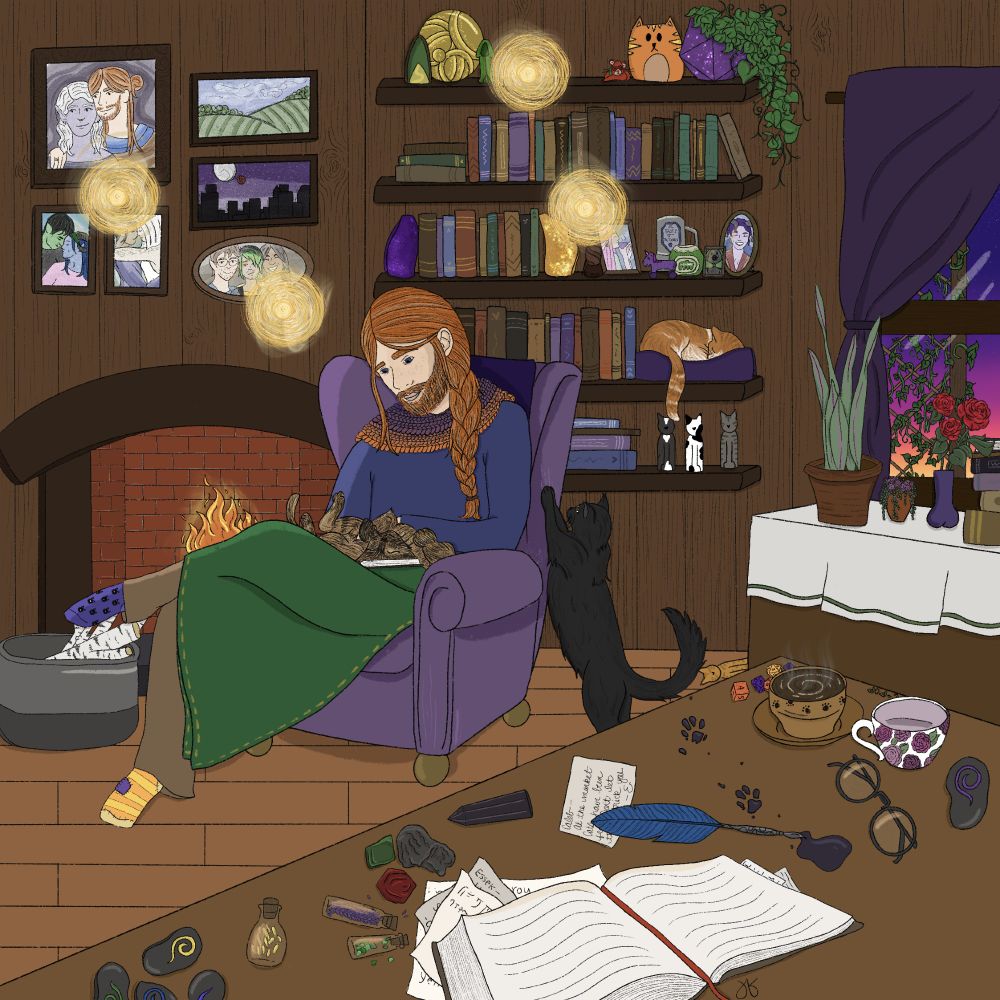 A digital drawing of Caleb Widogast from Critical Role. He is in a purple armchair in front of a fireplace, with a tortie cat sitting on the book he was reading. He's petting the cat, while another black cat is scratching at the armchair. A third orange tabby is sleeping on a bookshelf. There are portraits of friends and landscapes on the walls, as well as bookshelves filled with books and various knick-knacks. A desk is in the foreground and has various items on it, like an open book, spell components, Sending Stones, and cat paw prints from an ink puddle. A window is in the background showing a sunset and green beans growing on a trellis outside.