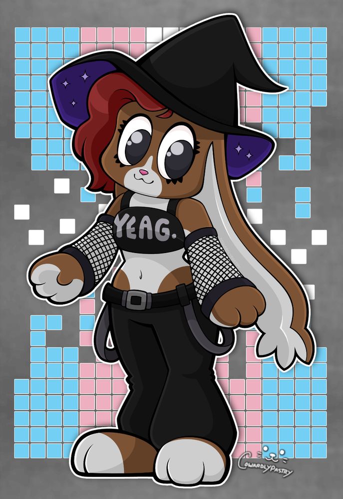 Cartoon artwork of an anthropomorphic bunny; the fursona of PSX Bunlith! She has light brown fur with white patterns, big dark eyes, and wavy dark red hair. She is happily posing with a cute lil' smile, pink nose, and loooong dangly ears.

Her outfit consists of a spaghetti strap crop top; it's black with the word "YEAG." printed in white. She has a pair of detached fishnet sleeves, a black belt with two other belts looped at her hips, and a slightly puffy pair of black trousers. The outfit is topped with a big black witch hat, with the underside being a sparkly purple.

The background is a misty grey, with a bunch of little pixel-like squares that are light blue, light pink, and white. They are styled to resemble the Trans Pride flag. The art is signed on the bottom right corner by cowardlypastry, depicting a little seal face for a watermark.