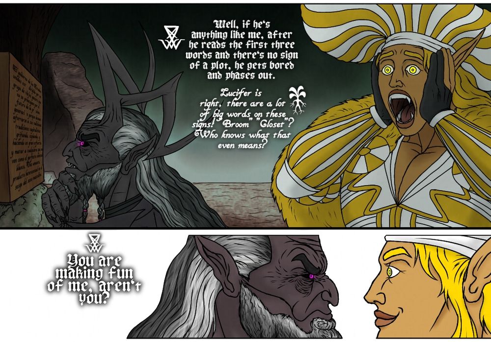 A recreational comic panel featuring Arturius and Lucifer on a quest of sorts, this panel is in tribute to IDW's My Little Pony comics.