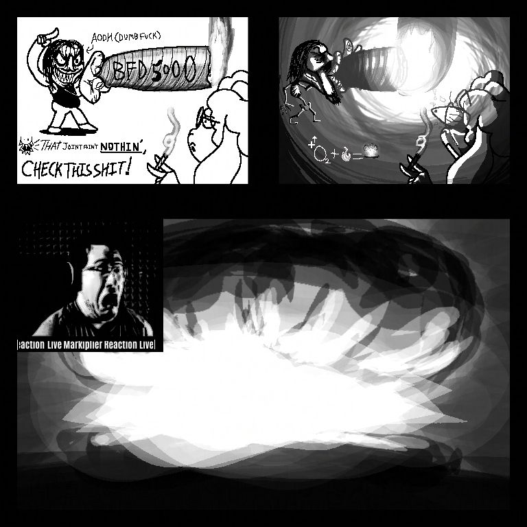 A quirky little comic about Aodh (i) and a goat lady in a competition of who has the most doobielicious doobie that ever doobied. The first frame showing Aodh's (my) boasting of the BFD 5000 in comparison to the goat's lil shit that is her weed stick, the second shows Aodh (Me) sucking in the noxious gases of the doobie however unbeknownst to both parties, sucking in oxygen adds to the power that fire can be multiplied by, henceforth frame 3 where the oxygen multiplied the flame so much that it created an an explosion similar to that of the godforsaken infernal power of an atomic bomb.