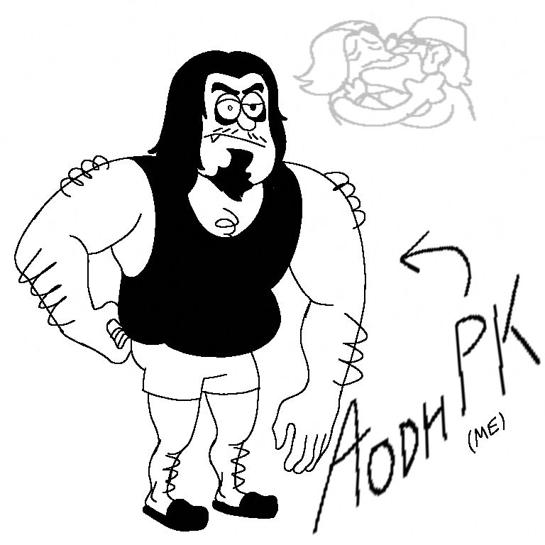 Aodh (me, the artist) has drawn himself (as referring to I) the body and shape of Grunkle Stan from Gravity Falls. Aodh (that is to say I) is also subliminally kissing grunkle stan on the mouth with what is presumably a wet sloppy Frenchie.