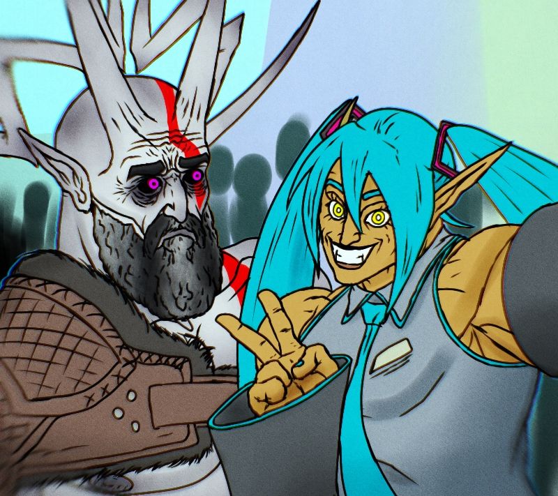 Recently, Arturius urges Lucifer to traverse with him back in time to earth 20XX for a trip to comic-con, Arturius forced Lucifer to adorn the likings of Kratos from the God of War series, more accurately, the norse saga. Arturius himself dawned on a cosplay of famous Japanese musical artist Hatsune Miku despite his masculine identity. This photo shows the frankness of Arturius' joy of the trip and Lucifer's plain bewilderment on Arthur's costume choice.