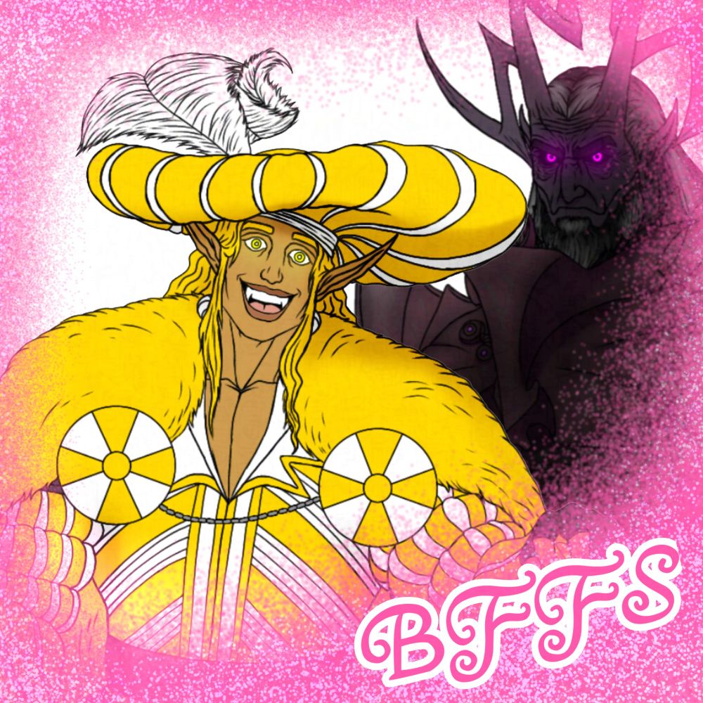 Arturius and Lucifer pose for a cutesy picture of them together with a pink glittery border and the caption "BFFS" in a fancy font with a complimentary color scheme of pink to go along and adorn the photo even further.