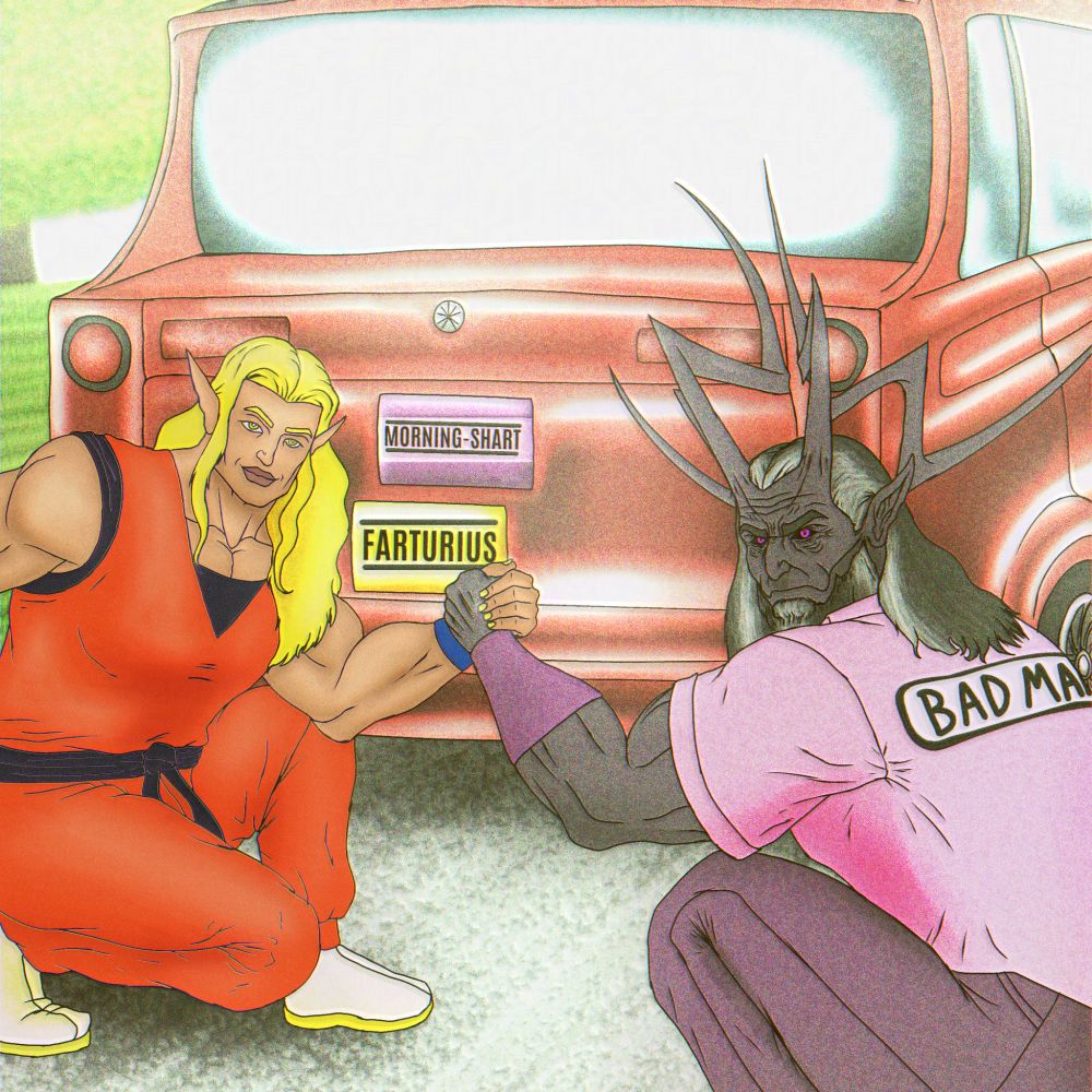Arturius and Lucifer take a picture of a vehicle with the license plates of both characters in reference, "Farturius" & "Morning-Shart".
