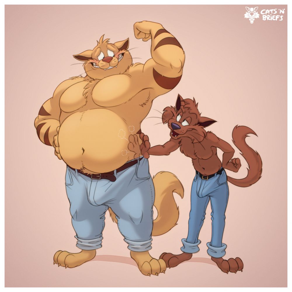 Chance Furlong and Jake Clawson (of Swat Kats fame) both wearing jeans. Chance is blushing that Jake is teasing him for having a bit of belly on him, and also for how good he looks topless in jeans. Both are sporting boners and looking at one another. 
