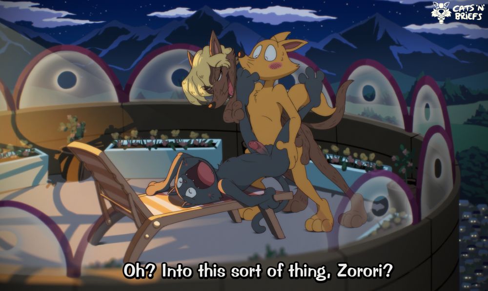 A picture of three characters from Kaiketsu Zorori, the main lead himself, the Prince Arthur, and Gaon. 

The three are outside on Arthur's porch, all engaging in sex while the light from the inside shines on them. Arthur is being plowed by Zorori while Gaon is behind Zorori, catching him a bit by surprise. Gaon makes Zorori lick one of Arthur's toes, with a caption below says, "Oh? Into this sort of thing, Zorori?" Zorori is blushing at the sudden intrusion but still continues his act. 