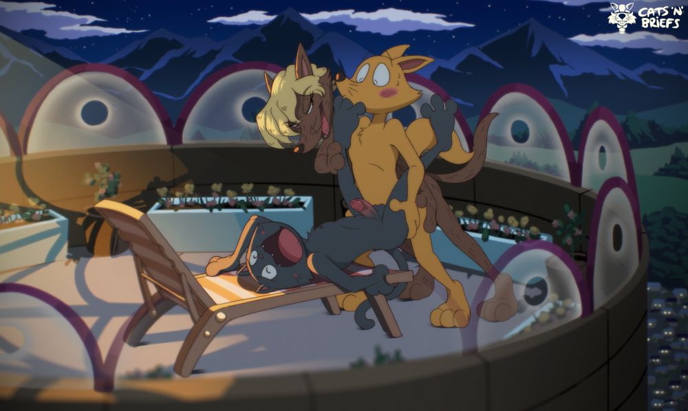 A picture of three characters from Kaiketsu Zorori, the main lead himself, the Prince Arthur, and Gaon. 

The three are outside on Arthur's porch, all engaging in sex while the light from the inside shines on them. Arthur is being plowed by Zorori while Gaon is behind Zorori, catching him a bit by surprise. Gaon makes Zorori lick one of Arthur's toes. Zorori is blushing at the sudden intrusion but still continues his act. 

This version omits the caption at the bottom.