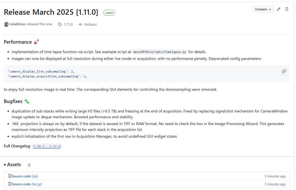 ### Performance :rocket:
- implementation of time lapse function via script. See example script at `mesoSPIM/scripts/timelapse.py` for details.
- images can now be displayed at full resolution during either live mode or acquisition, with no performance penalty. Deprecated config parameters:
``` python
'camera_display_live_subsampling': 2,
'camera_display_acquisition_subsampling': 2, 
```
to enjoy full-resolution image in real time. The corresponding GUI elements for controlling the downsampling were removed.

### Bugfixes :bug: 
- duplication of sub-stacks while writing large H5 files (>0.5 TB) and freezing at the end of acquisition. Fixed by replacing signal/slot mechanism for CameraWindow image update to deque mechanism. Boosted performance and stability.
- `MAX` projection is always on by default, if the dataset is asvaed in TIFF or RAW format. No need to check the box in the Image Processing Wizard. This generates maximum intensity projection as TIFF file for each stack in the acquisition list.
- explicit initialization of the first raw in Acquisition Manager, to avoid undefined GUI widget states.
