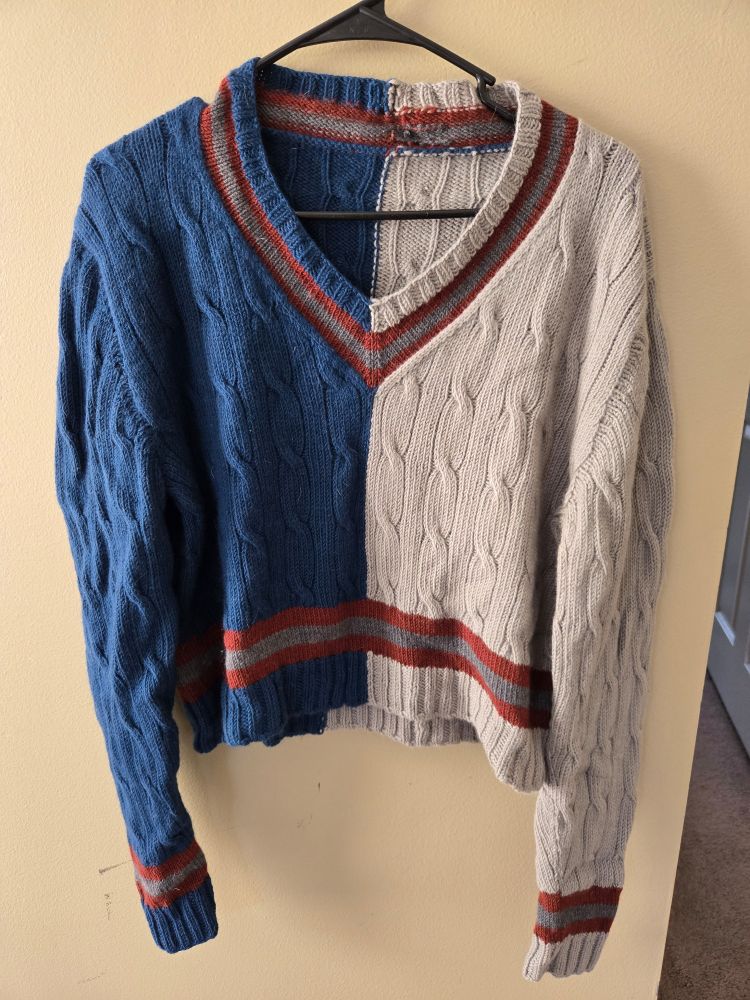 A intarsia crop top sweater that will be the primary sample for this pattern but hasn't been photographed on the recipient yet