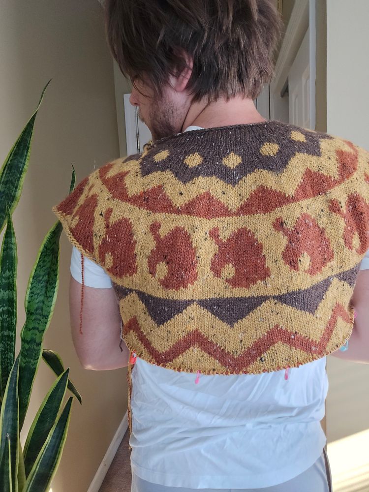 The back view of the garment. This is knit on a DK-weigut yarn