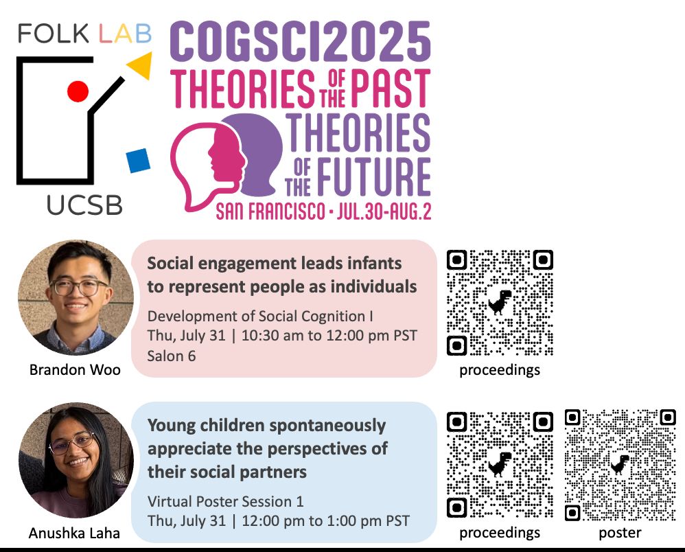 A visual with the presentations from the lab

Brandon Woo
Social engagement leads infants to represent people as individuals
Development of Social Cognition IThu, July 31 | 10:30 am to 12:00 pm PSTSalon 6

Anushka Laha
Young children spontaneously appreciate the perspectives of their social partners
Virtual Poster Session 1Thu, July 31 | 12:00 pm to 1:00 pm PST
