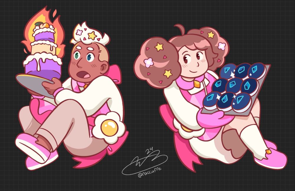 Pictured are drawings of two characters: Bee and Deckard from cartoon series Bee and Puppycat.