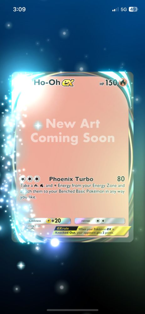Pokémon TCG Pocket Ho Oh EX card with “New Art Coming Soon” instead of any artwork