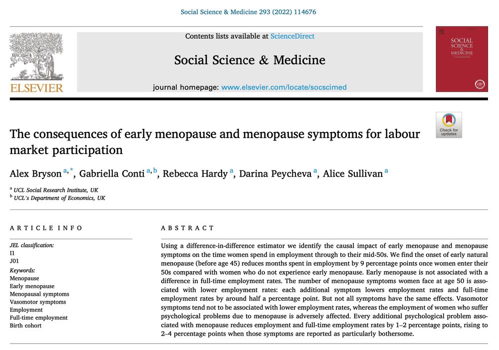 Article titled, "The consequences of early menopause and menopause symptoms for labour market participation"