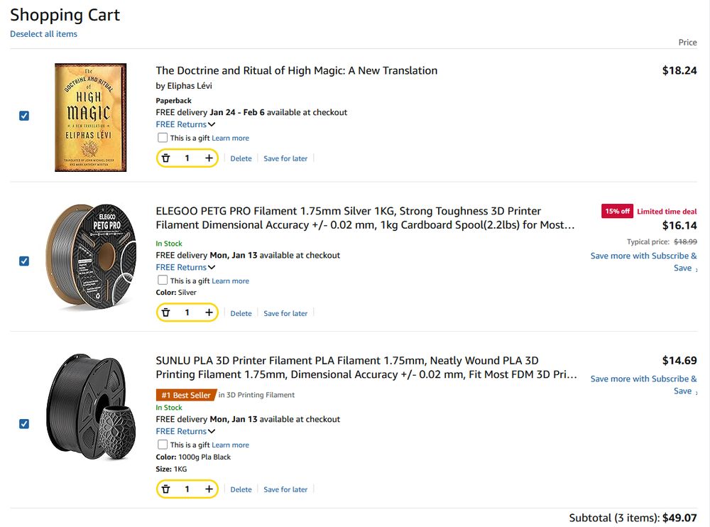 amazon cart with The Doctrine and Ritual of High Magic, silver and black 3d printer filament, subtotal of $49.07.