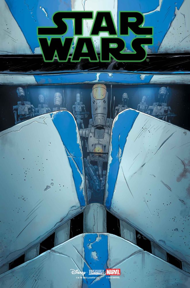 Luke Ross' variant cover for Marvel's Star Wars (Vol. 4) #6, due out, Oct. 1 features battledroids reflected in the visor of a clone trooper.