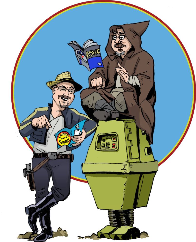 Illustration for a prior logo of what was then Comics With Kenobi and now Star Wars Splash Page by Alex Ray featuring cohosts Jeff (wearing the hat) and Matt astride a power droid.